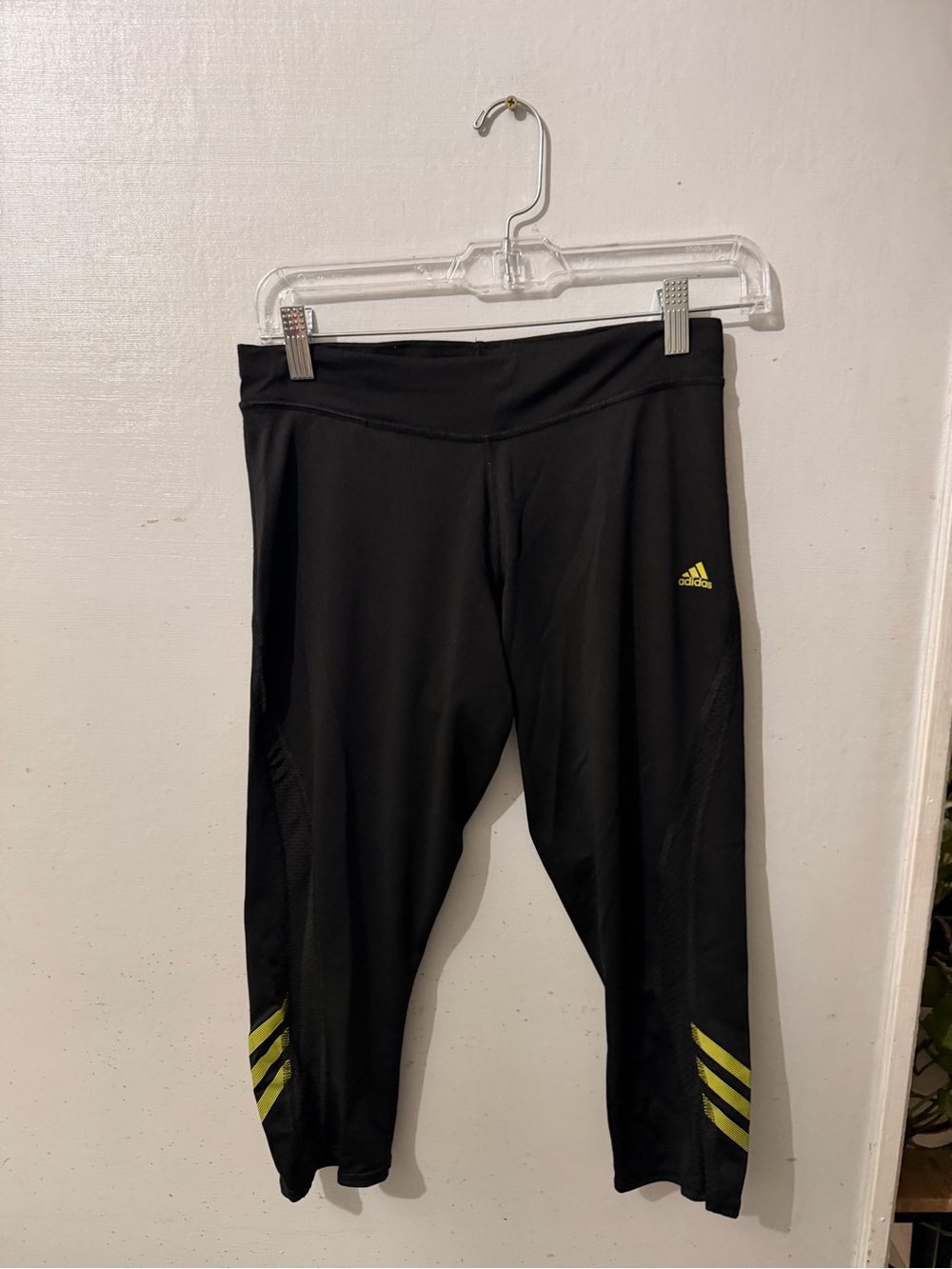 adidas Black Capri Leggings with Lime Accent Stripes